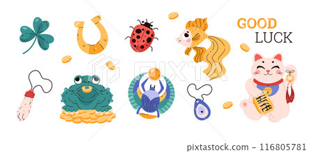 Asian symbols of good luck and wealth on isolated background. Asian symbols of good luck and wealth on isolated background. 116805781