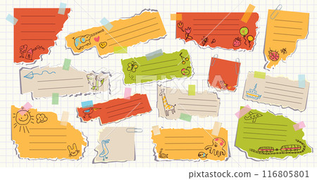 Back to school. Torn pieces of colored paper. Childrens collage and doodles 116805801
