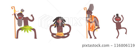 Barefoot African Aboriginal People Character Dressed in Traditional Tribal Clothing Vector Set 116806119