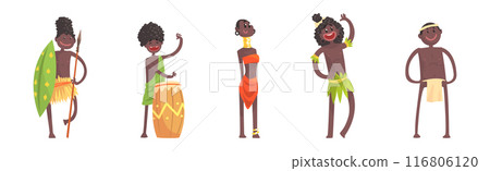 Barefoot African Aboriginal People Character Dressed in Traditional Tribal Clothing Vector Set 116806120