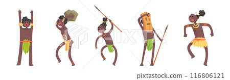 Barefoot African Aboriginal People Character Dressed in Traditional Tribal Clothing Vector Set 116806121