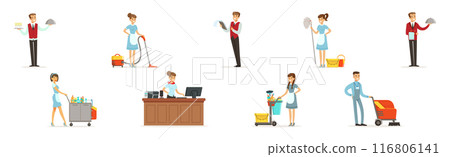 People Hotel Staff Character Engaged in Service Work Vector Set 116806141