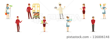 People Hotel Staff Character Engaged in Service Work Vector Set 116806148
