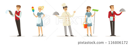People Hotel Staff Character Engaged in Service Work Vector Set 116806172