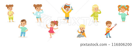 Kids Brushing Teeth Enjoy Oral Hygiene Routine Vector Set Kids Brushing Teeth Enjoy Oral Hygiene Routine Vector Set 116806200