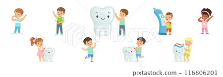 Kids Brushing Teeth Enjoy Oral Hygiene Routine Vector Set 116806201