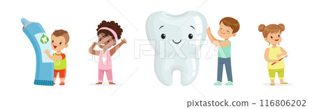 Kids Brushing Teeth Enjoy Oral Hygiene Routine Vector Set 116806202