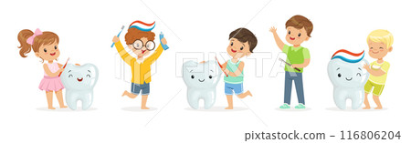 Kids Brushing Teeth Enjoy Oral Hygiene Routine Vector Set Kids Brushing Teeth Enjoy Oral Hygiene Routine Vector Set 116806204
