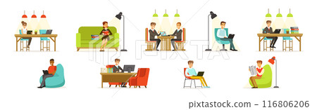 Man and Woman Freelancer at Coworking Space Vector Set Man and Woman Freelancer at Coworking Space Vector Set 116806206