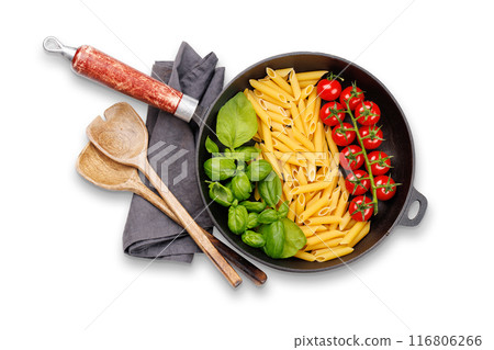 A vibrant representation of the Italian flag made with pasta, basil, and tomatoes A vibrant representation of the Italian flag made with pasta, basil, and tomatoes 116806266