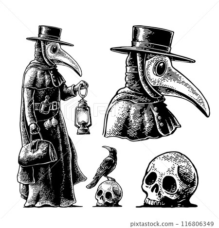 Plague doctor with bird mask. Crow sitting on skull. Engraving Plague doctor with bird mask. Crow sitting on skull. Engraving 116806349