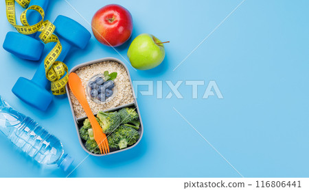 Healthy food and fitness items Healthy food and fitness items 116806441
