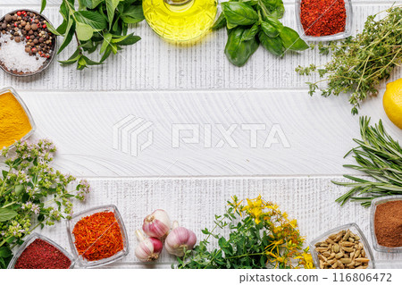 Various herbs and spices on the table Various herbs and spices on the table 116806472
