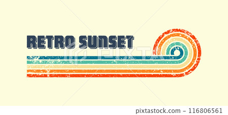 Grunge horizontal vintage sunset. Various colorful striped sunrise badges in 80s and 90s style. Sun and ocean view, summer vibes, surfing. Design element, print, logo or t-shirt. Vector illustration 116806561