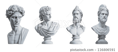 There are four busts of ancient Greek men depicted on a plain white background There are four busts of ancient Greek men depicted on a plain white background 116806591