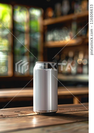 Blank Aluminum Can on Bar Counter with Blurry Background Blank Aluminum Can on Bar Counter with Blurry Background 116806633