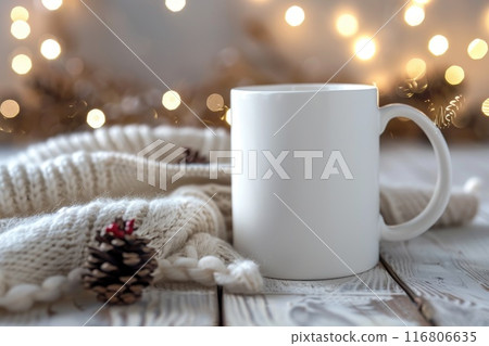 Festive Holiday Mug Surrounded by Christmas Decorations and Warm Lights Festive Holiday Mug Surrounded by Christmas Decorations and Warm Lights 116806635