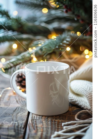 Festive Holiday Mug Surrounded by Christmas Decorations and Warm Lights Festive Holiday Mug Surrounded by Christmas Decorations and Warm Lights 116806636