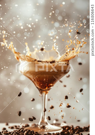 Dynamic Coffee Splash in Elegant Glass on Beige Background 116806643