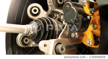 Car suspension. Technical images of structure of car spare parts. Such as Front or Rear suspension Shock absorber suspension Brake. Elements of the suspension and Chassis structure. Car service repair 116806688