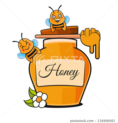 Jar of honey with honey dipper flat illustration isolated on background Jar of honey with honey dipper flat illustration isolated on background 116806981