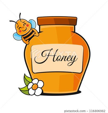 Jar of honey with honey dipper flat illustration isolated on white 116806982