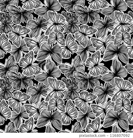seamless pattern of graphic butterflies. Trendy animal motif wallpaper. Fashionable background for fabric, textile. hand drawing. Not AI seamless pattern of graphic butterflies. Trendy animal motif wallpaper. Fashionable background for fabric, textile. hand drawing. Not AI 116807092