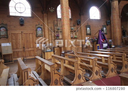 Wooden chruches in Castro on Chiloe Island, Chile 116807280