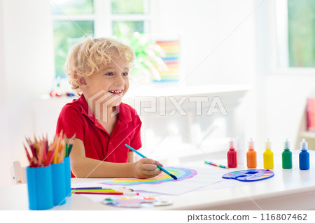 Kids paint. Child painting. Little boy drawing. Kids paint. Child painting. Little boy drawing. 116807462