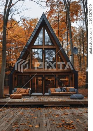 A-Frame Cabin With Deck In Autumn Woods 116807699
