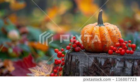 Pumpkin and Berries on a Tree Stump in Autumn Pumpkin and Berries on a Tree Stump in Autumn 116807723
