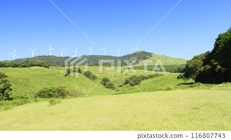 拍攝風景,風車矗立在蔚藍的天空下的草地上 拍攝風景,風車矗立在蔚藍的天空下的草地上 116807743
