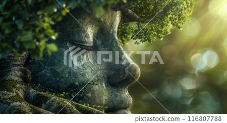 Stone Face Blended With Tree Roots And Leaves, Symbolizing Harmony Between Nature And Humanity Stone Face Blended With Tree Roots And Leaves, Symbolizing Harmony Between Nature And Humanity 116807788