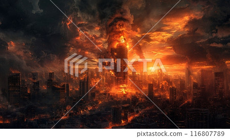 Apocalyptic Burning City With Fiery Skyscraper, Epic Ruined Cityscape 116807789