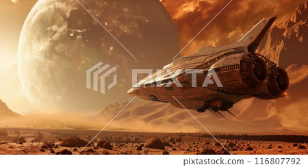 Futuristic Sci-Fi Spaceship Exploring Barren Alien Planet with Large Illuminated Moon in Background 116807792