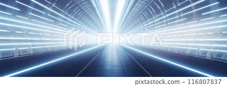 Futuristic Tunnel Illuminated By Endless Rows Of White Neon Lights. Sci-Fi Corridor With Neon Lighting 116807837