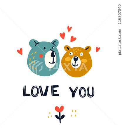 Two Cute Bears isolated on white background - Love You lettering Quote. Two Cute Bears isolated on white background - Love You lettering Quote. 116807840