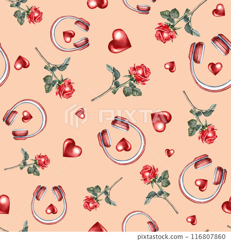 Musical romantic seamless pattern with red headphones and hearts and roses. The watercolor illustration is made by hand. On a pink background. For textiles, packaging paper, printing and more. Musical romantic seamless pattern with red headphones and hearts and roses. The watercolor illustration is made by hand. On a pink background. For textiles, packaging paper, printing and more. 116807860