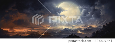 Surreal Fantastic Landscape With Gigantic Moon Illuminating Night Sky. Fantasy World Panorama. Generative AI 116807861