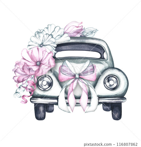 A retro car decorated with flowers and a bow. Festive white vintage car for wedding, birthday and anniversary. A watercolor illustration made by hand. A design element for postcards, banners, flyers. 116807862