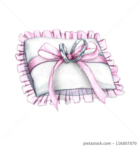 An elegant pillow with wedding rings. Handmade watercolor illustration. A wedding attribute. An element of the design of invitation and greeting wedding cards in watercolor style. For banners. 116807870
