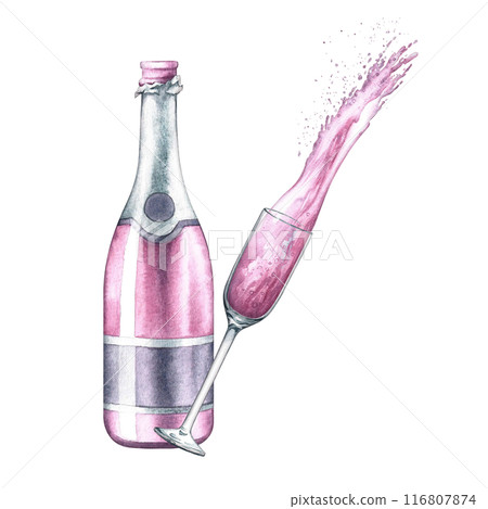 A bottle of pink champagne and a splash of a drink from a glass. A hand-drawn watercolor illustration. Isolate it. A postcard design element. For banners and posters. For the restaurant and its menu. 116807874