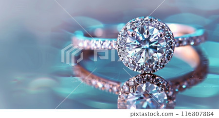 Close-Up Of Diamond Engagement Ring On Reflective Surface. Luxurious Ring With Brilliant Cuts. Generative AI 116807884