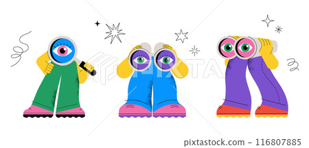 Funny characters holding binoculars, magnifying glass and spyglass telescope. Seo, searching 116807885