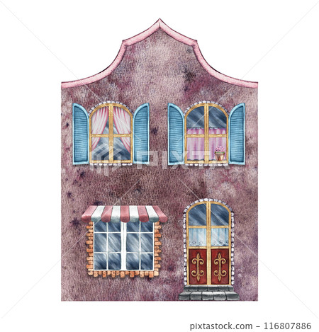 An old European house, a fabulous, cute, red two-storey house in vintage style. The watercolor illustration is made by hand. Isolate it. For prints, children's games, postcard, packaging, scrapbooking 116807886