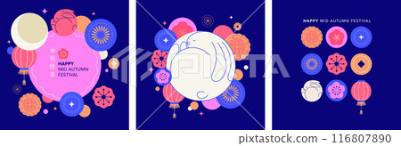 Mid Autumn festival banner, background and poster. Geometric style design with full moon, rabbits 116807890
