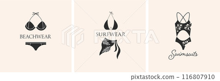 Beachwear, swimsuits, resort wear set of logos, illustrations, symbols. Collection of hand drawn 116807910