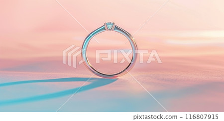 Diamond Engagement Ring On Soft Pink And Blue Pastel Background. Minimalistic Diamond Ring. Generative AI 116807915