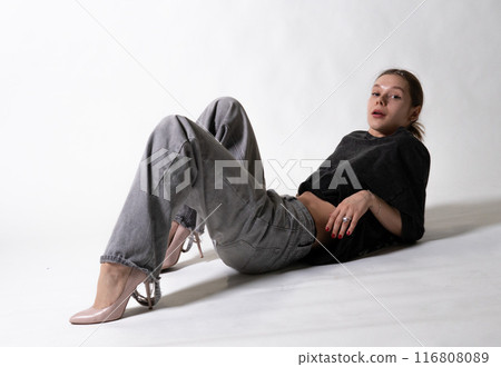 lady modern portrait face look background white hand beauty model hair person young 116808089