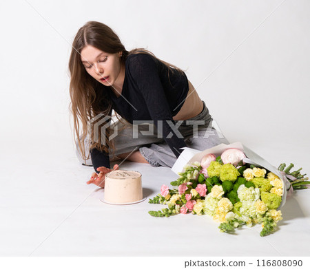 jeans beautiful fashion hair cake smile girl flowers white happy female model fresh jeans beautiful fashion hair cake smile girl flowers white happy female model fresh 116808090